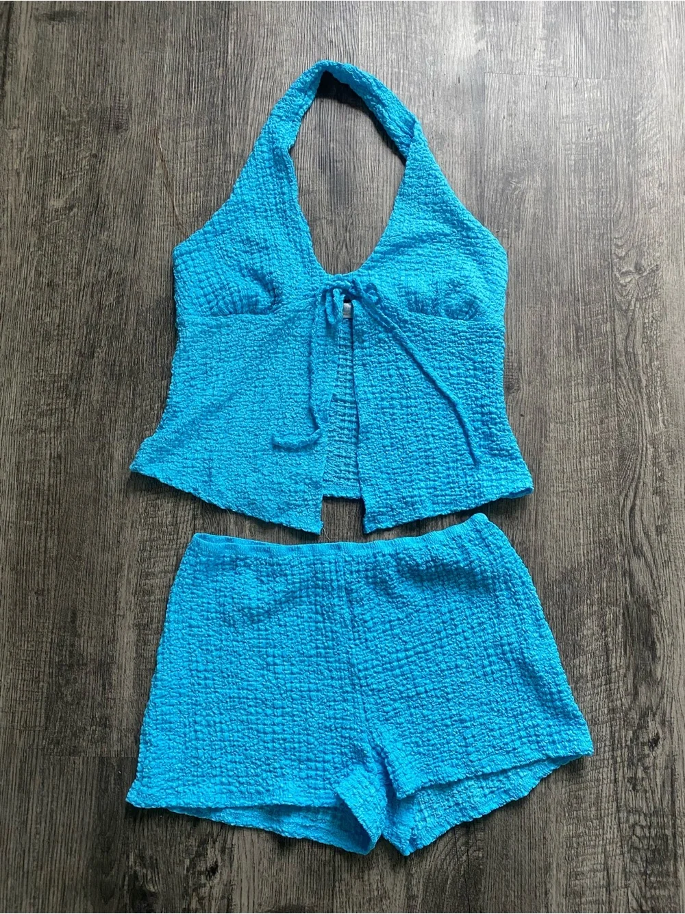 See You Monday Womens XL Blue Textured Crinkle Halter Top Shorts Set 2 Piece